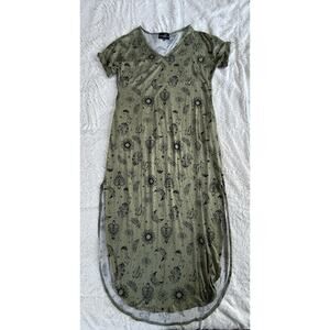 Women's Olive Green Maxi Dress Side Slit V Neck Short Sleeve XL Witch Tattoo